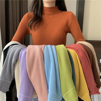 China 2022 New Fashion Girls Women Knitwear Stand Collar Sweater Breathable Blouse Long Sleeve Solid Color Knit Thin Casual Sweater for sale