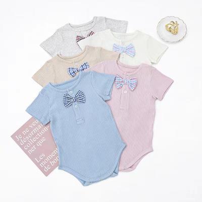 China Summer High Quality Rompers Baby Casual Clothes Newborn Infant Ribbon Cotton Clothes Short Sleeves Bow-knot Decorated Onesie for sale