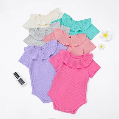 China Skin-Friendly Summer Baby Bodysuit Cotton Ruffled Collar Short Sleeve Knitted Newborn Infant Rompers for sale