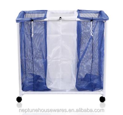 China Modern Easy Set 3 Mesh Laundry Basket Bag With Wheels Collapsible Sorter Cart for sale