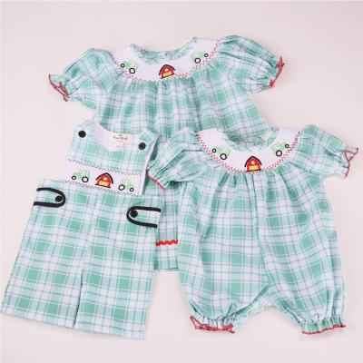 China 2021 New Arrival Spandex/Cotton Baby Summer Farmhouse Mint Green Plaid Woven Cotton Sisters Dress for sale
