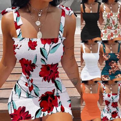China Polyester / Cotton jerry new summer floral print off-neck tube top cinched waist dress women's clothing in stock for sale