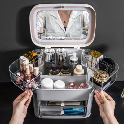 China Fashion Professional Jewelry Make Up Box Led Light Makeup Organizer Vanity Storage Box Cosmetic Case With Lights Mirror For Makeup for sale