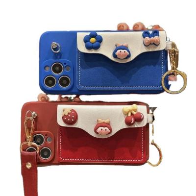 China Shockproof New Arrival Wholesale Phone Case Red Blue Cute Girly Credit Card Bag Pattern with Flower strawberry Design Slant Hanging Rope for sale