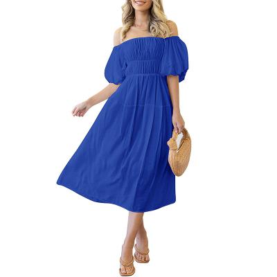 China Summer Breathable Custom Women Dresses Elegant Puff Sleeve Off The Shoulder Midi Dress Ruffle A Line Flowy Dress With Pockets for sale