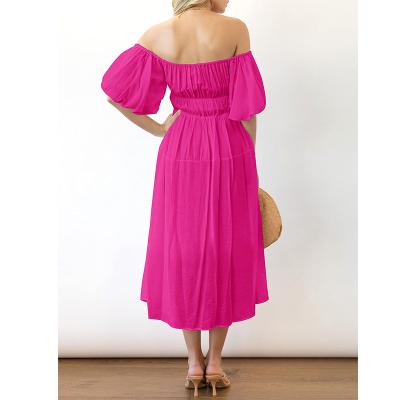 China Custom Made Summer Breathable Midi Dresses Women Puff Sleeve Off The Shoulder Designer Dress Ruffle A Line Pink Flowy Dress With Pockets for sale