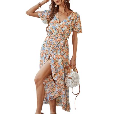 China Breathable Custom Floral Summer Clothes Women Dress Korean V Neck Wrap Short Sleeve Belted Ruffle Edge A Line Bohemian Maxi Dresses for sale