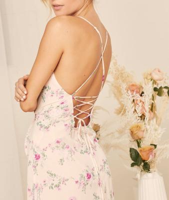 China Custom Lavender Breathable Floral Lace Up Maxi Midi Dress Casual Vestidos High Low Para Mujer for sale