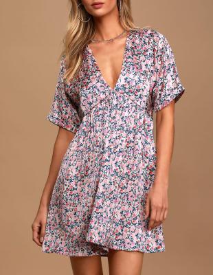 China Custom Breathable Blush Pink Floral Print Satin Babydoll Midi Dress Casual Elegant Purple Dresses Vestidos For Women for sale