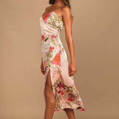 China Custom Made Breathable Sexy Midi Remarkable Dress Breathable Satin Floral Print Rose Casual Elegant Dresses Vestidos Para Mujer Elegante for sale