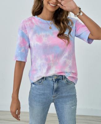 China Women's Summer Casual Tops Tie Dye Gradient Printing Short Fit Casual Loose Blouses T-Shirts Elegant Casual Crew Neck Shirt Sleeve Tee for sale