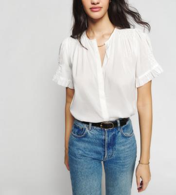 China Summer Breathable White Daily Wear Ruffled Stylish Short Sleeve Women Elegant Casual Blouse for sale