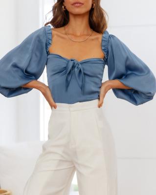 China Minimalist Newcomer Long Sleeve Sky Blue Tie Up Front Sweetheart Neck Satin Crop Blue Top for sale