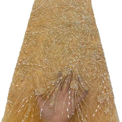 China Exquisite handmade beaded lace embroidery lace fabric wedding dress Senegal fabric women clothing french wedding lace fabric for sale
