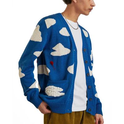 China Anti-wrinkle Mens V-Neck Knit Sweater Cotton Manufacturer Custom Knitwear Pocket Color Block Cloud Pattern Applique Mens Cardigan Sweater for sale