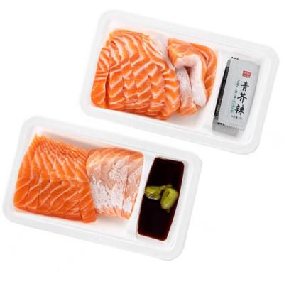 China Customized disposable white PP thickened 2 cavity plastic salmon and seafood fresh meat tray for sale