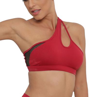 China New Breathable Mesh Spliced Sports Single Shoulder Waistband Mesh Cutout Underwear Women Gathered Shockproof Yoga for sale