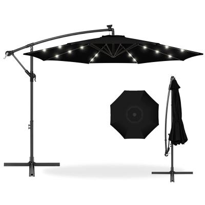 China Durable Easy Tilt Adjustment Black Cantilever Umbrella With Solar Lights Outdoor Garden 8 Ribs Hanging Parasol for sale