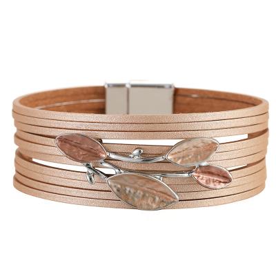 China 2022 New Fashion Texture Jewelry Leather Rope Bracelets Leaves Accessories Handmade Bohemia Wrap Cuff For Women Friendship Bracelet for sale