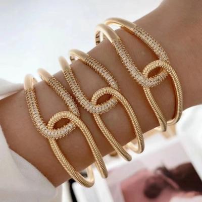 China TRENDY Wholesale Brass Jewelry Set Open Cuff Silver And Gold Plated Bangle White Zircon Ring And Bangle Set For Women for sale
