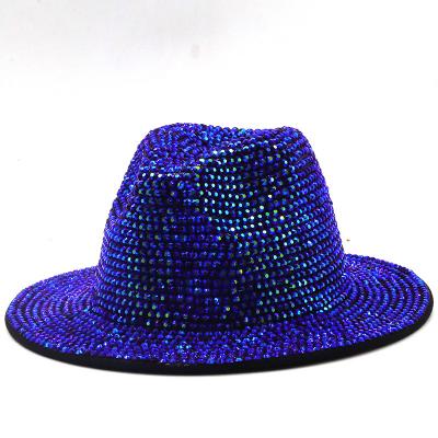 China Character Rhinestone Fedora Hats For Women Men Flat Wide Brim Felt Jazz Hats Handmade Bling Studded Party Hat for sale