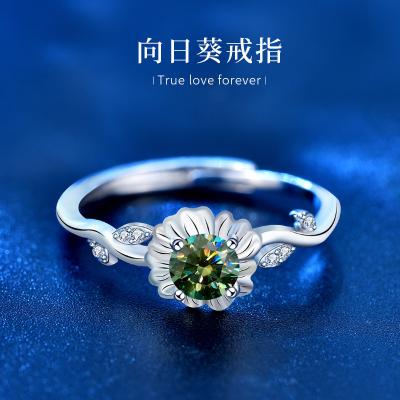 China TRENDY Ladies Vintage personality Sunflower Open Ring emerald Mosan diamond hand decorated with 925 sterling silver sunflower ring for sale