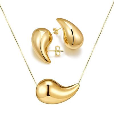 China TRENDY Luxury Brand Statement Pendant Gold Plated Stainless Steel Designer Water Droplet Necklace Earrings Jewelry Set For Women for sale