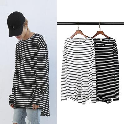 China Classic Dovetail Anti-Pilling Curved Long Sleeve Striped Long Edge Loose Pegging T-Shirt For Men And Women for sale