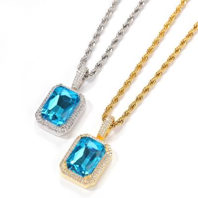 China Hiphop Stone Big Blue Crystal Rhinestone Pendant Light Blue Bling Ruby Pendant for Men Women Iced Out CZ Pendant Necklace for sale