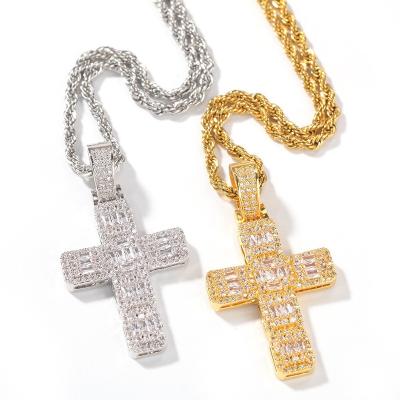 China Hiphop Fashion Trendy Rock Copper Material Iced Out Bling Cross Wand Pendant Necklaces dropshipping for sale