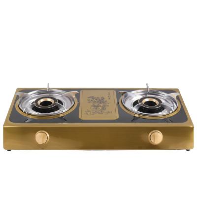 China Excellent Full Cooking Table Top Gas Cooker High Efficiency Body Stainless Steel 2 Burner Gold Material High Quality for sale