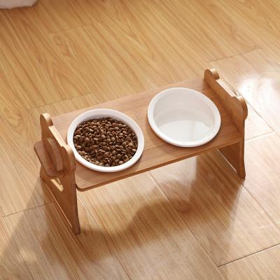 China Fashion Design Pet Double Bowl Ceramic Sustainable Neck Care Bamboo Wooden Adjustable Tilted Dog Cats High Bowls With Stand for sale