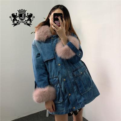 China Winter Fur Parka Reversible Denim Duck Down Coat Ladies Down Striped Fox Collar Jean Reversible Fur Womens Parka for sale
