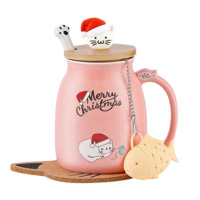 China Personalizado 380ml linda taza de Navidad rosa gato cerámica taza de café con cuchara de acero inoxidable en venta