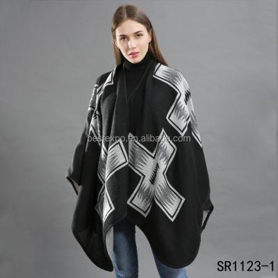 China Fashion Acrylic Poncho Wholesale Woman Pattern Wool Scarf Cross Shawl Wraps Covering for sale