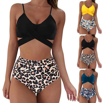 China 2021 Factory Cheap Women's Sexy 2 Piece Swimsuit Cross Print Leopard Print Swimwear High Waisted Breathable Bikini for sale