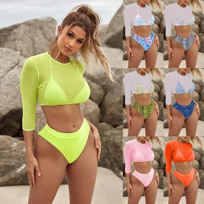 China 2021 High Quality Breathable 3 Piece Mesh Bikini Cover Up Split Sexy Long Sleeve Sunscreen Women's High Waist Swimwear for sale
