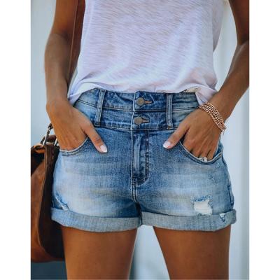 China Wholesale Summer Breathable Casual New Arrivals Fashion Style Women Pockets Double Button Fly Ripped Denim Shorts Sheer Color Shorts Length for sale