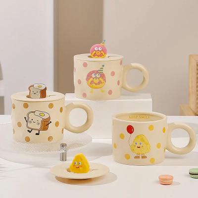 China Sustainable 350ml Cute Cartoon Ceramic mug cup girl Ceramic coffee milk Cheese Cup mug with lid round handgrip for sale