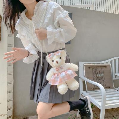 China PORTABLE Colorful Soft Cute Plush Bear Plaid Skirt Pearl Chain Messenger Ladies Sling Tote Saddle Women Handbag Shoulder Furry Bag for sale