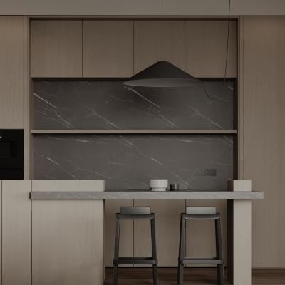 China Modern Island Kitchen Designs Complete Metal PET Laminate Glossy Kitchen Cabinets MDF Lacquered Glass Includes Faucet for sale