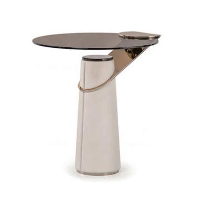 China Contemporary Nordic Accessories Gold Finish Table Glass Round Modern Living Room Tea Center Side Table Leather Coffee Table for sale