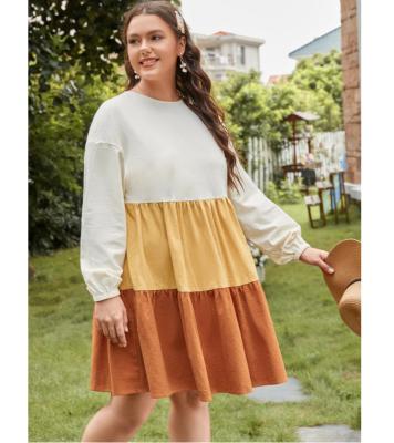 China Fashion 2021new viable plus color block drop shoulder ruffle edge shirt dress for sale