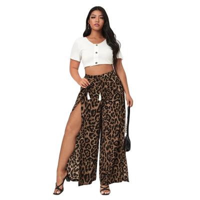 China Fashionable Anti-pilling Leopard New Design Sexy Plus Size Women's Leg Slit Thigh Wide Leg Pants for sale