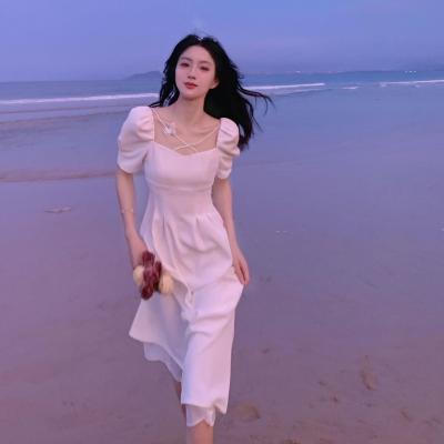 China Designer White French Square Women's Anti-wrinkle Collar Summer Beach Dresses for sale