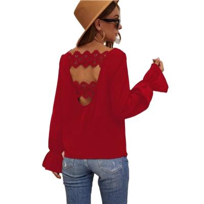 China High Quality Anti-pilling Sleeve Lace Panel Solid Flared Blouse Design Patterns For Women for sale