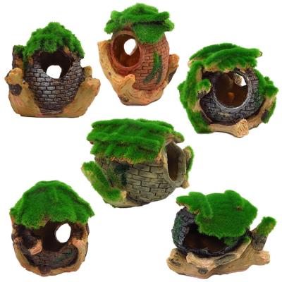 China Viable Fish Tank Landscaping Decoration Fish Shrimp Evasion Moss Nest Vase Escape House Resin Flocking Shabby Flower Pot for sale