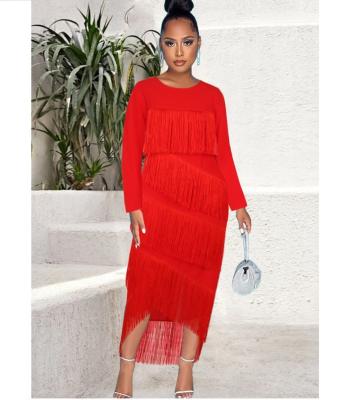 China New Workable Autumn O Neck Party Fringe Irregular African Solid Women Prom Christmas Dress for sale