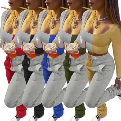 China Anti-pilling eb--New Women Crop Top Hoodie 2 Piece Set Jogger Tracksuits Autumn Clothing Matching Color Long Sleeve Stacked Pants Two Piece Set for sale