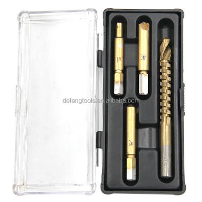 China Broken Head Screw Extractor Head Screw Extractor Broken Band Saw Drill 4pc Plastic Box High Speed Steel Sawtooth Drill Broach Hole Cutter Tool Set for sale